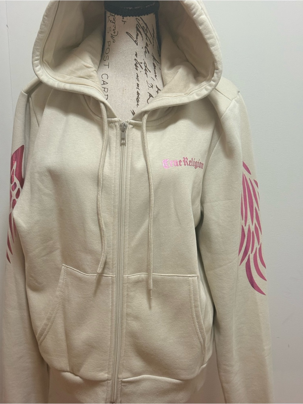 True Religion Cream Zip Hoodie with Pink Wing Sleeves
